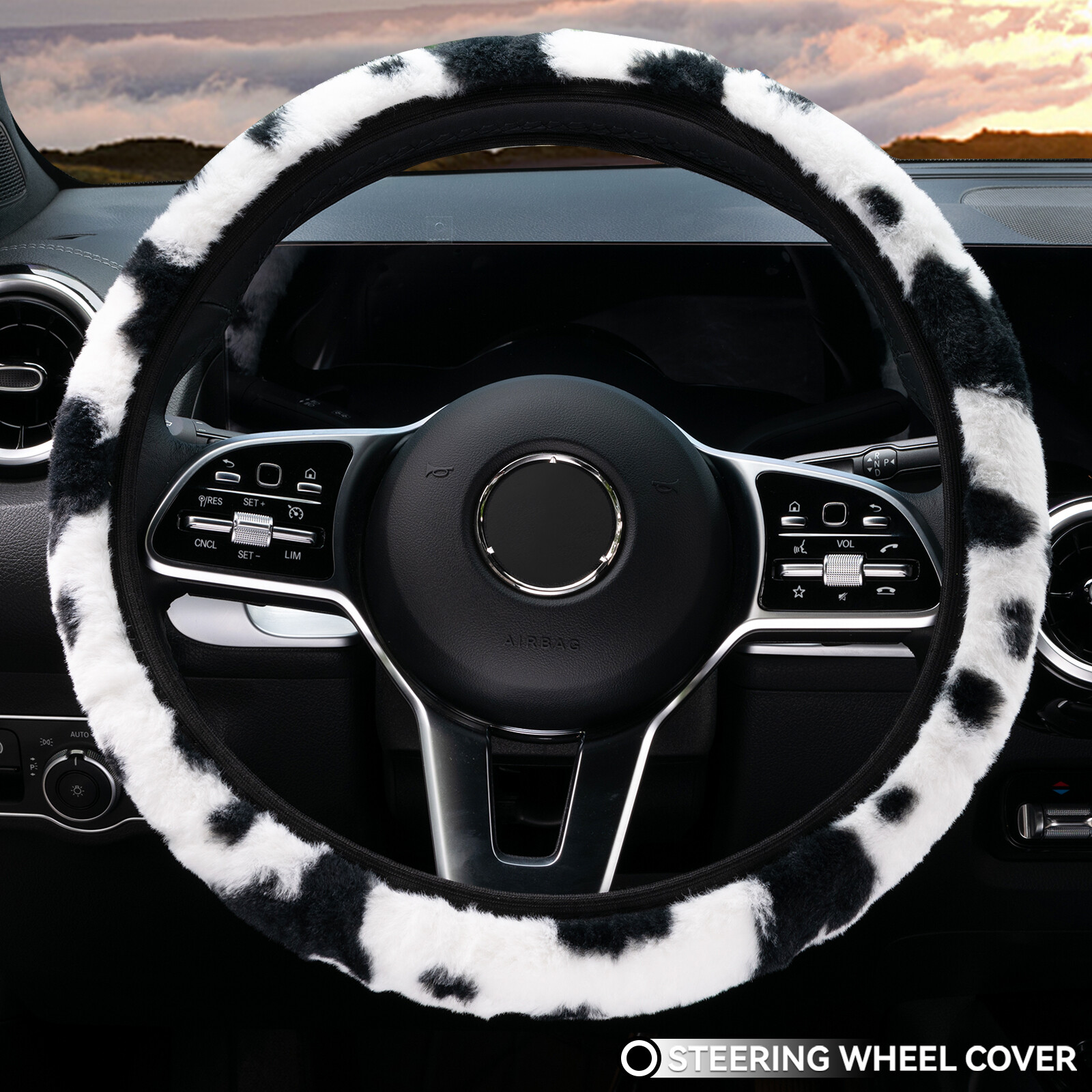 Universal US Cow Print Plush Steering Wheel Cover Car Protector Seat Accessories