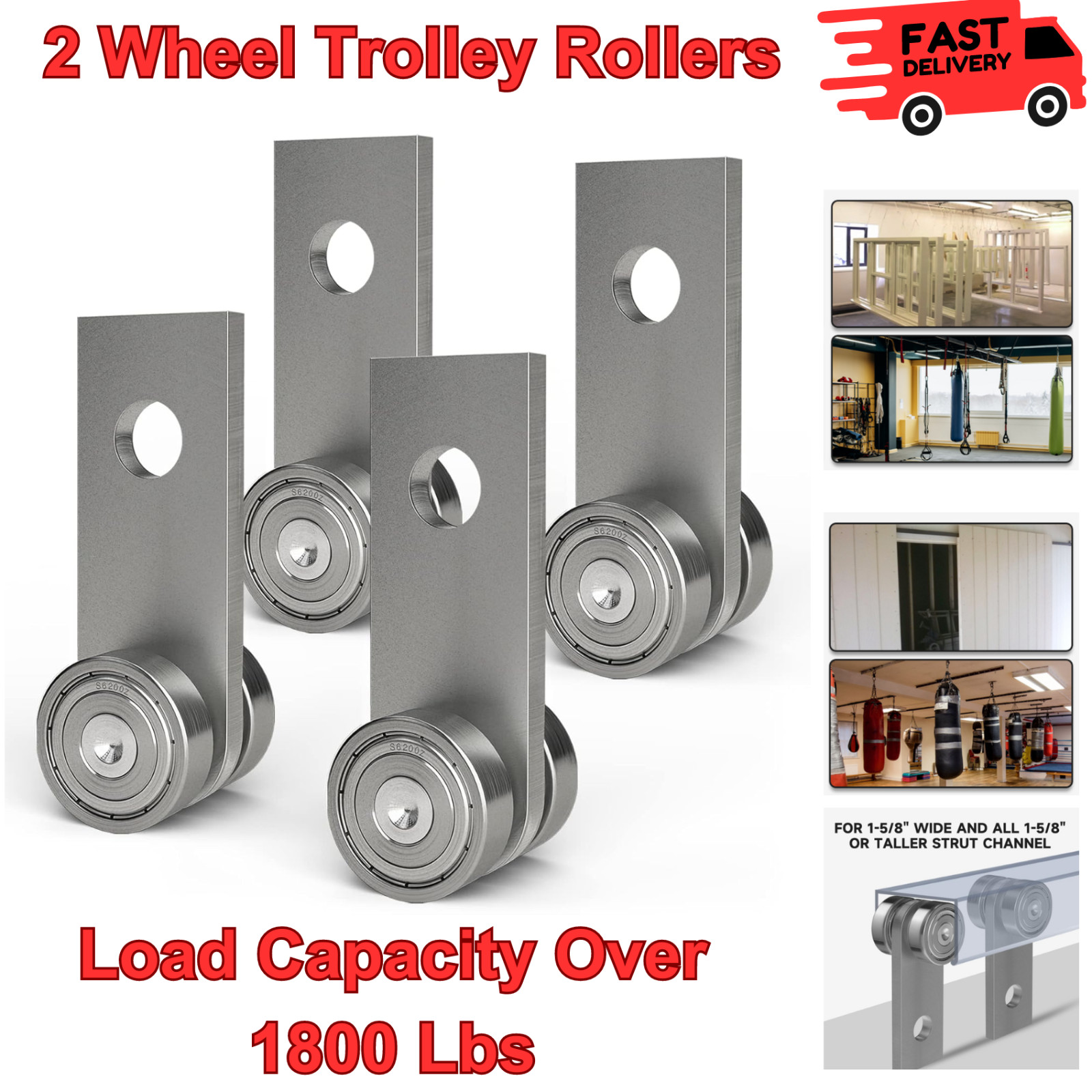2 Wheel Trolley Rollers Use with 1-5/8" Wide Taller Strut Channel, Load 1800 lbs