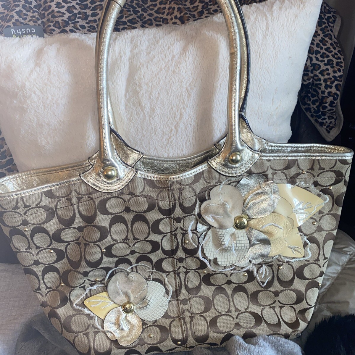 COACH Leather FLOWERS Signature Floral Gold Tote Shoulder Bag 