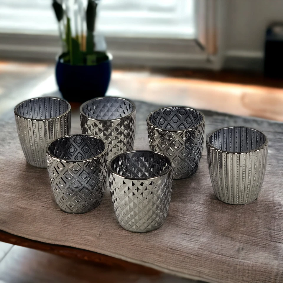 6 Teelicht Halter Glas Teelichthalter Gläschen Kerzenhalter Tischdeko silber - Bild 4 von 4