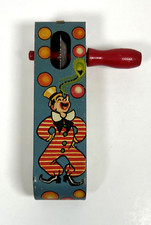 Vintage NOISEMAKER T COHN Tin Litho Ratchet Wood Handle CLOWN Circus Mardi Gras