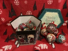 Twelve Antique Santa’s Christmas Ornaments 1995 Decoupage Balls
