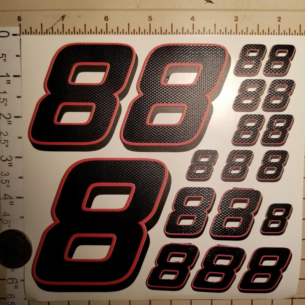 Matte Black-w/Gloss Carbon Fiber Red #8's Racing Numbers Vinyl Decal Sheet Lexan