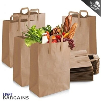 Brown Paper Bags with Flat Handles SOS Takeaway Food Bags Sizes S M L and XL