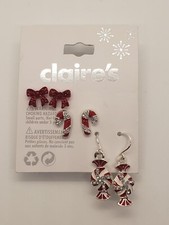 Claires 3 Pair Christmas Holiday Earrings Bows, Candy, Candy Canes Red White