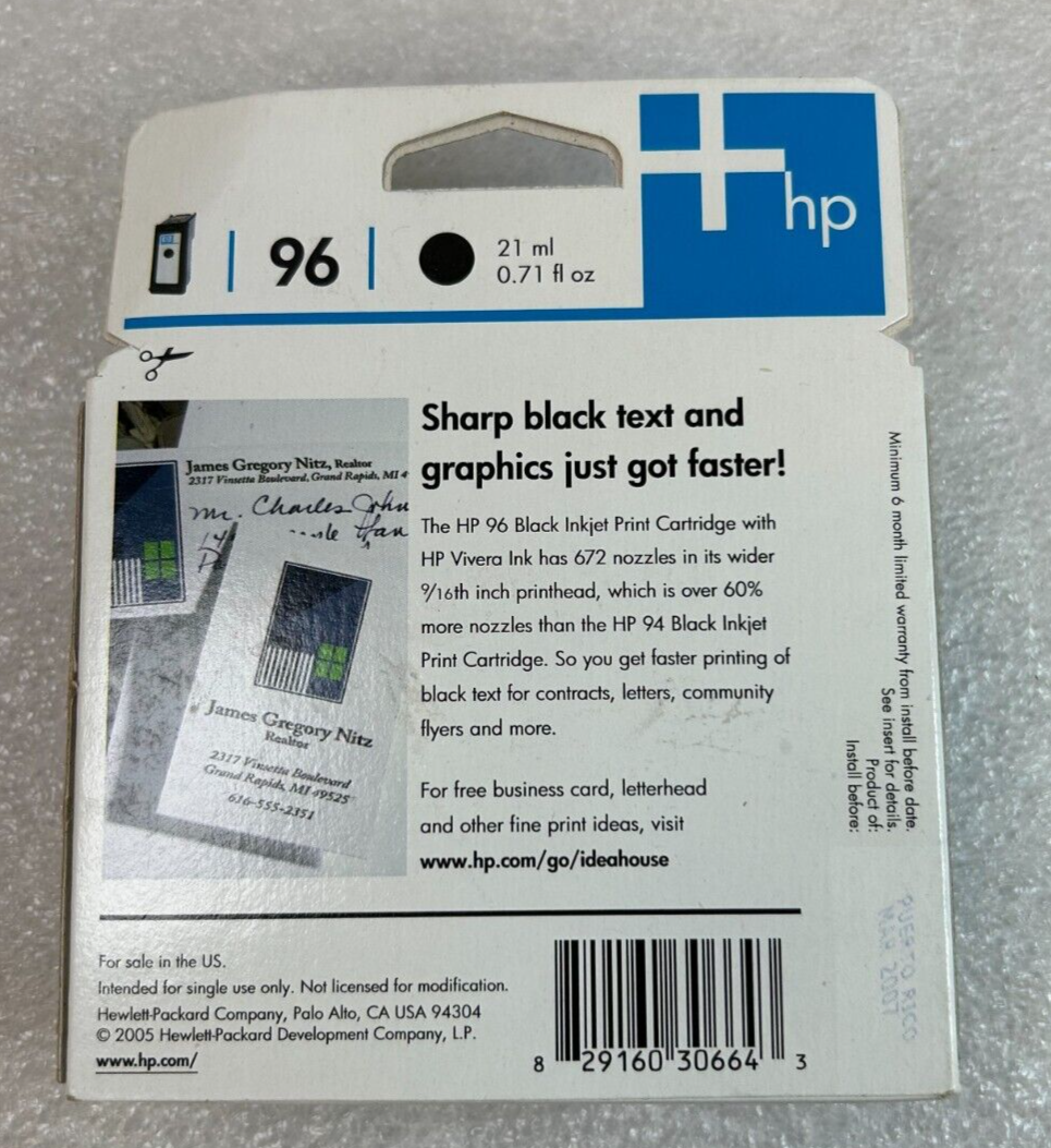 Genuine OEM HP Vivera 96 Black Ink Cartridge Expired New Sealed Damaged Free S/H eBay