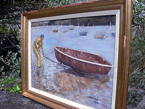 1990 Original Signed James Oil on Board Launching Dingy Stoneworks Quay St Mawes - Picture 12 of 12
