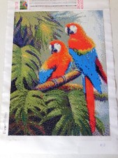 Diamond Art Painting COMPLETED HANDMADE RED BLUE PARROTS Canvas 12 x 16"