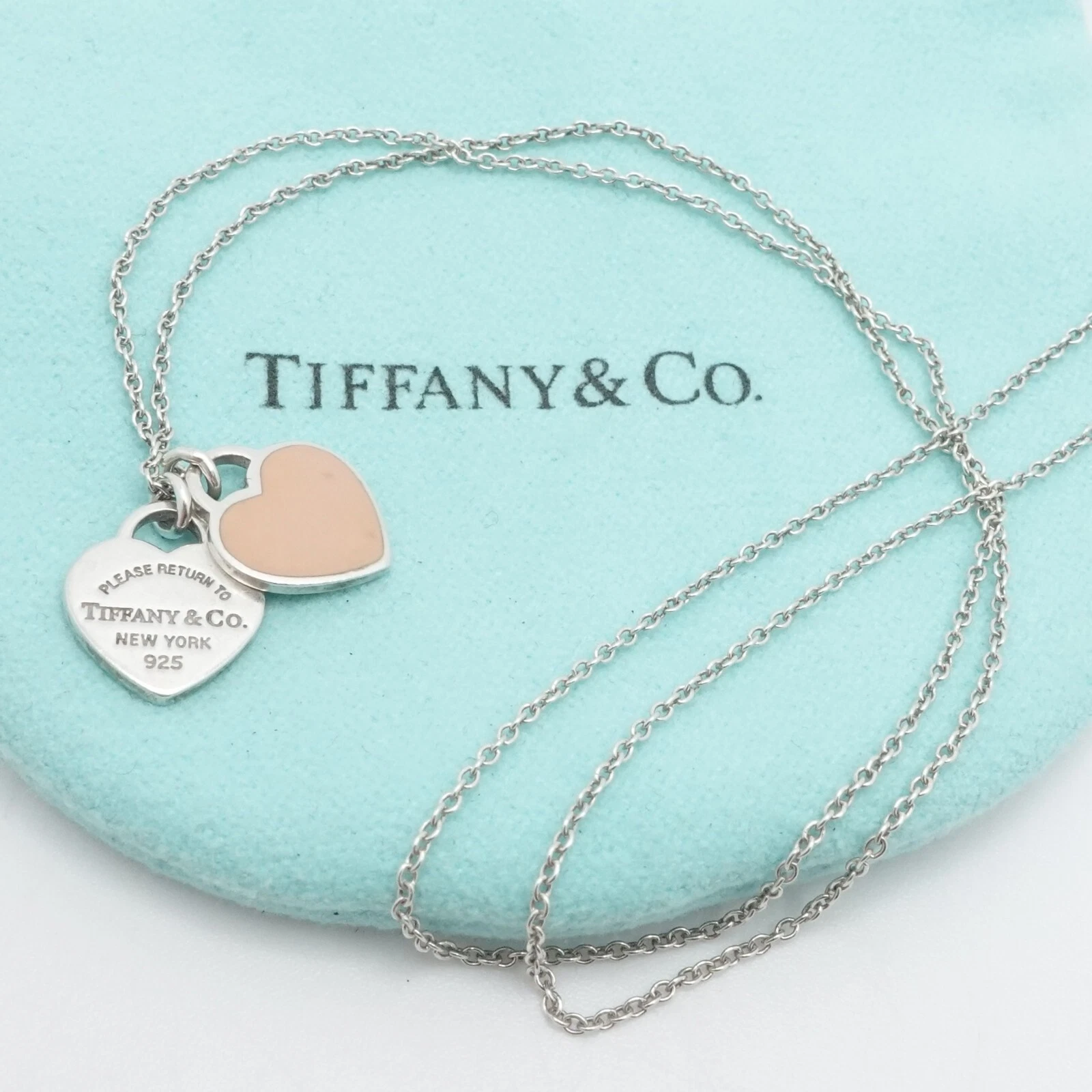 Tiffany & Co. Return to Sterling Silver Pink Double Heart Tag Mini Necklace 16"