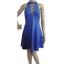 Express Small 4-6 Blue Lace-Up Choker Neck Sleeveless Halter Skater Dress