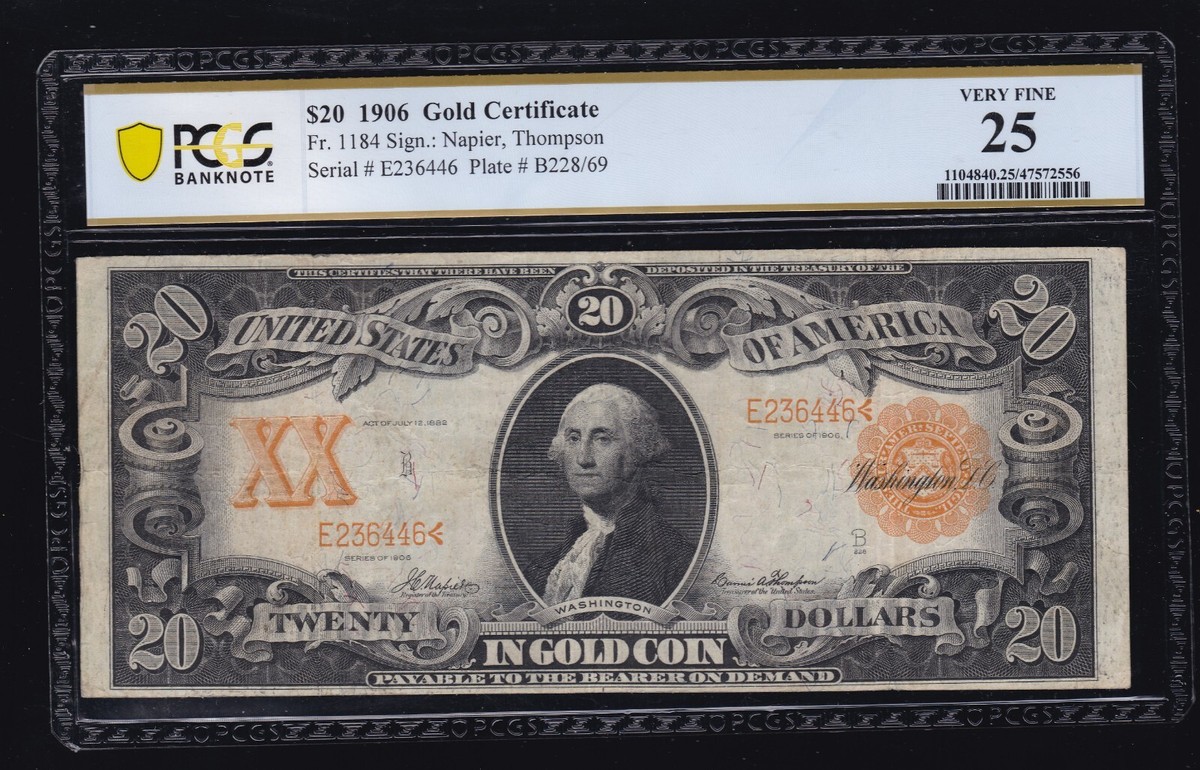 US 1922 $20 Gold Certificate Napier/Thompson FR 1184 PCGS 25 VF