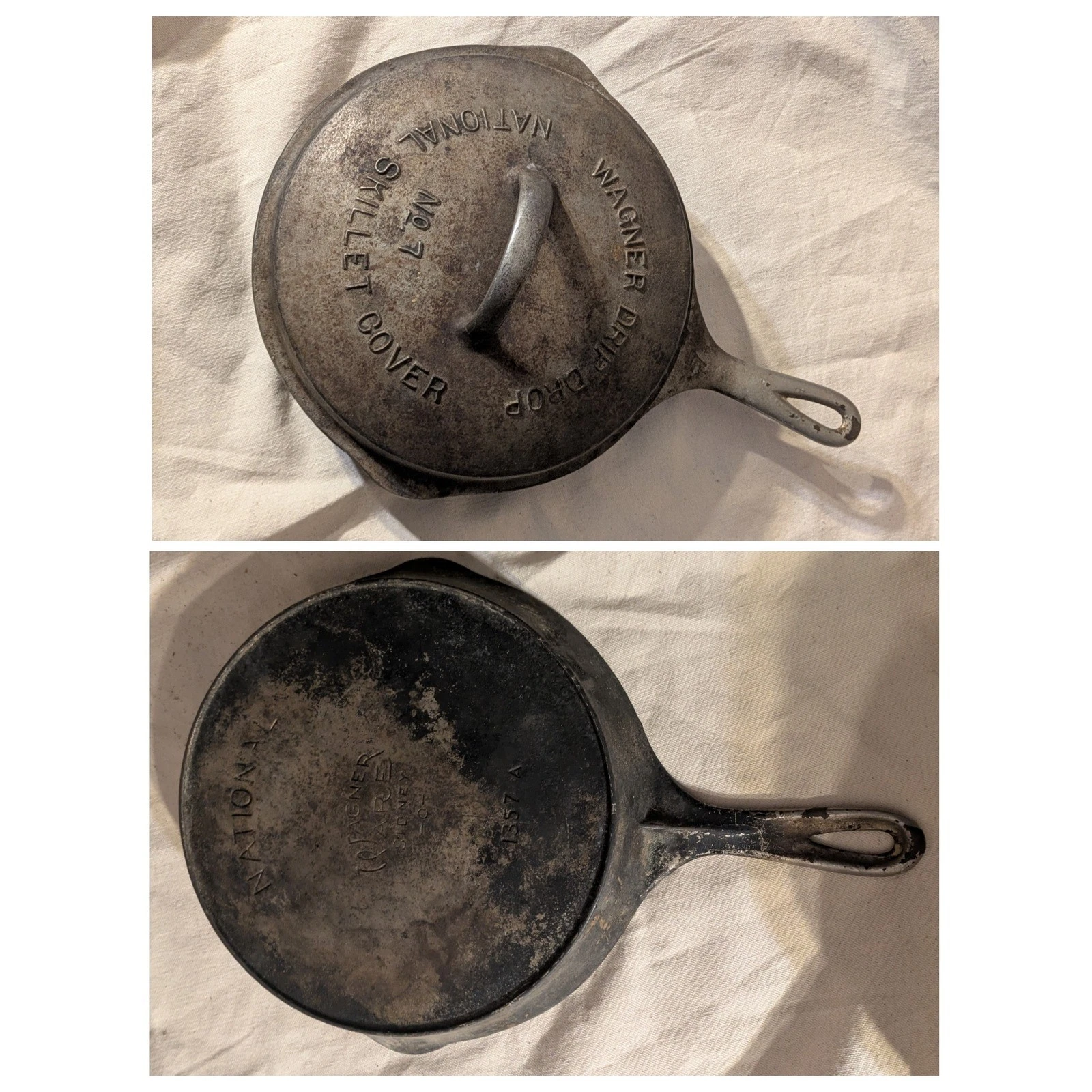 Vintage Wagner Ware National No 7 Cast Iron Skillet 1357 A with Drip Drop Lid
