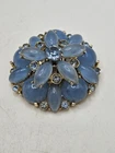 Vintage Floral Brooch With Blue Milk Glass Cabachons And Rhinestones, Unsigned