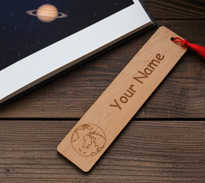 X 2 Wood Bookmarks. Engraving of Planet Earth, Personalise Any Font and Text.