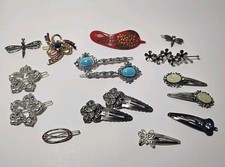 Vintage Hair Barrettes Clips Lot 16pc Rhinestone Faux Turquoise Enamel Shell Set