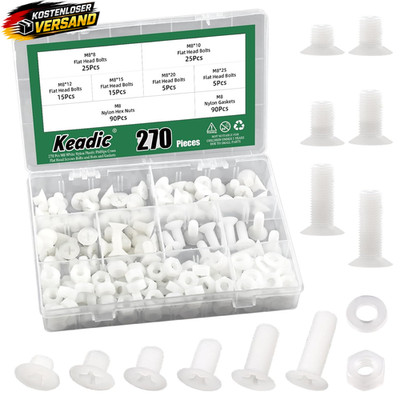 270Pcs M8 White Nylon Countersunk Machine Screws, Nylon Flat Head Machine Screws