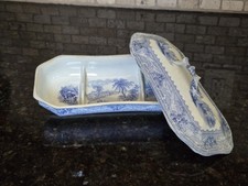 Victoria Antique Blue & White Trinket Razor Dresser Box City Scene 8”
