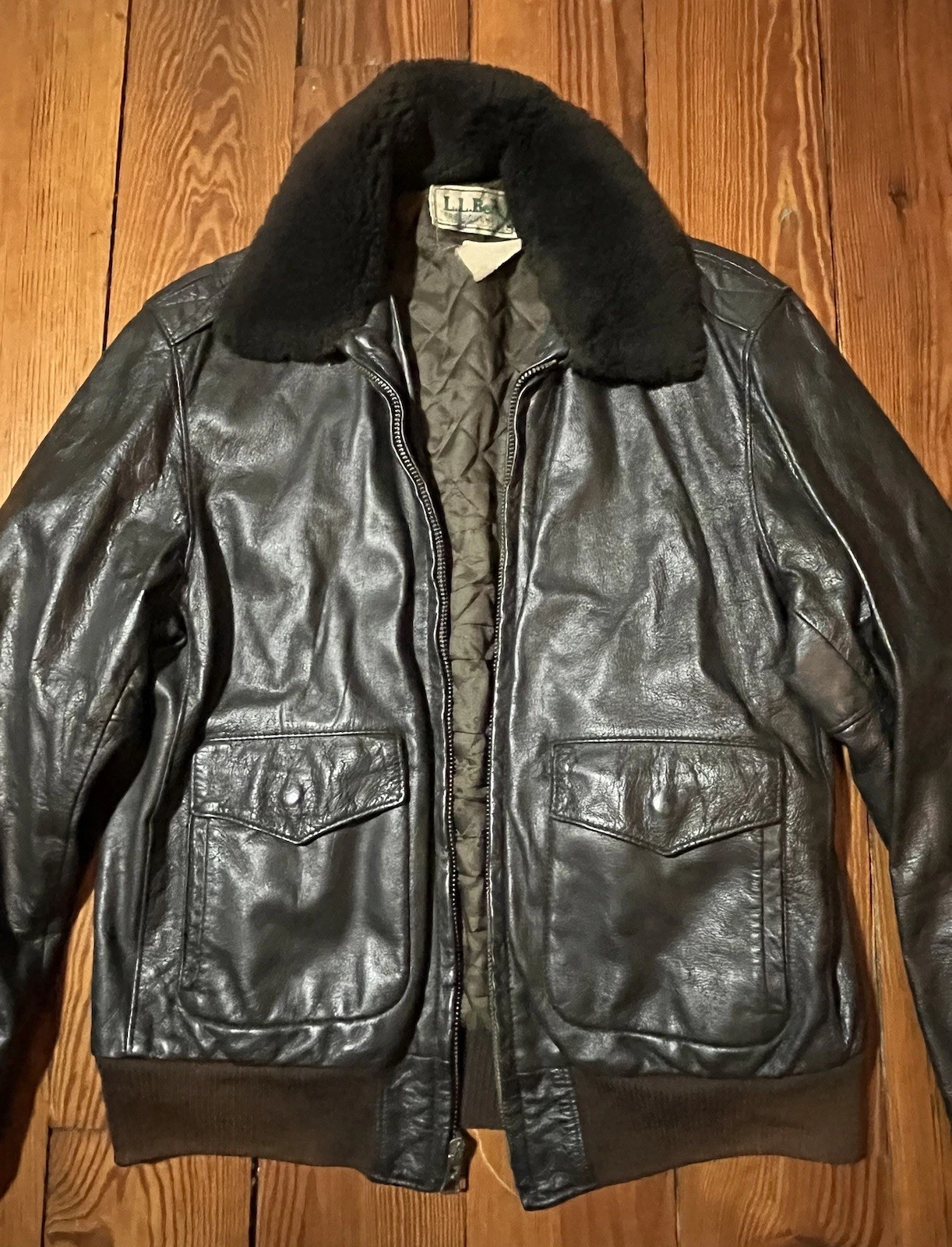 Vtg LL Bean Bomber Goat Skin Leather Flight Jacket Mouton USA Mens 42
