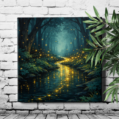 Glowing Reflection Night Forest Stream Fireflies Framed Canvas Art 16x16inch