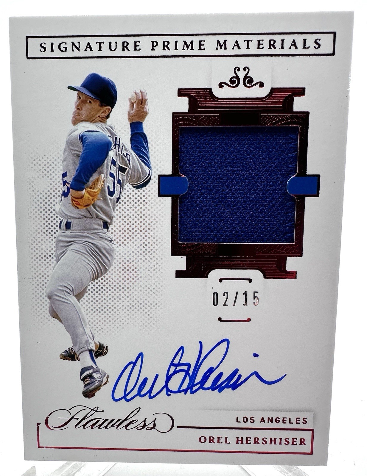 OREL HERSHISER 2021 PANINI FLAWLESS SIGNATURE PRIME MATERIALS RUBY #2/15 AUTO
