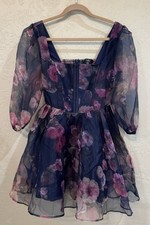 LuLu's Womens Dress M Navy Pink Floral Sheer & Slip and Netting Short Zip Back