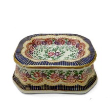 Jabón de manos de porcelana dorada azul cobalto rosas florales pintadas a mano de colección
