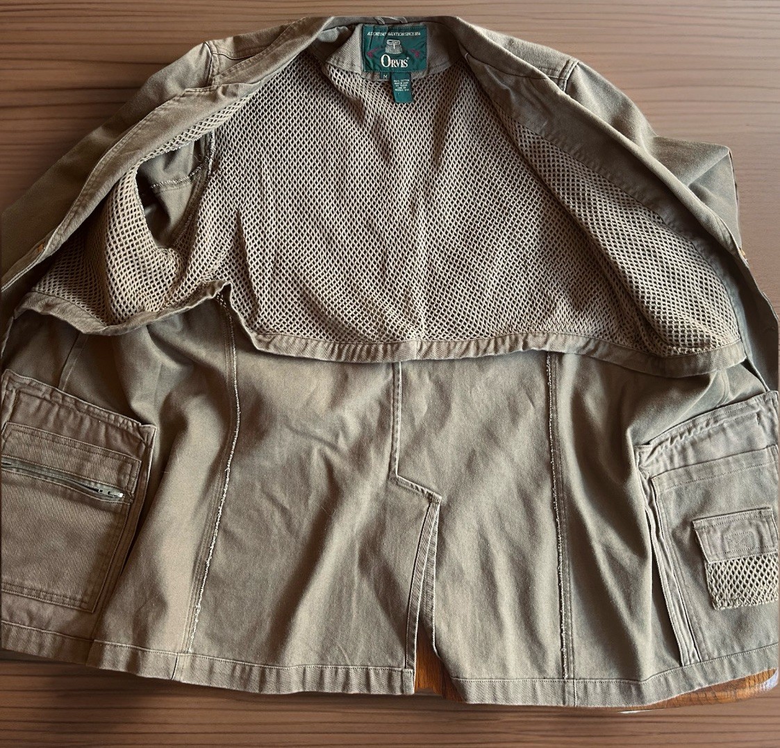 Orvis Mens/Unisex M Fly Fishing Zambezi Jacket Khaki Leather Elbow Patch image 10