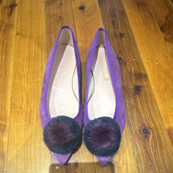 Pretty Ballerinas Purple Suede Pointed Toe Ballet Flats Pom Pom Slip On size 38