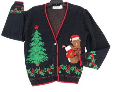Vintage Women Teddy Bear Christmas Sweater Sz S Cardigan Musical Kitsch Grandma