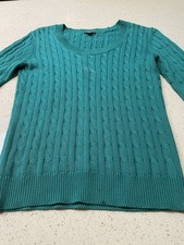 Ann Taylor Women  s Green Solid Cable-Knit Scoop Neck Long Sleeve Pullover XS