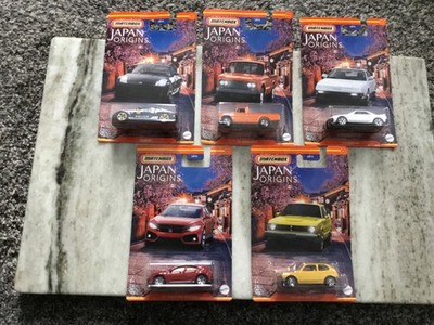 matchbox japan origins car lot: nissan 350z, '62 junior, toyota mr2, honda civic