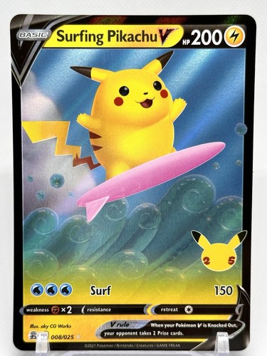 Pokémon TCG Surfing Pikachu V Celebrations 008/025 Holo Ultra Rare - Picture 2 of 3