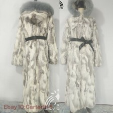 100% Real Rabbit Fur Coat with Hood Raccoon Fur Women X-long Jacket Outwear