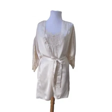 VTG VAL MODE Ivory Satin 2 Pc Lace Trim Chemise Nightgown & Robe Set Sz P
