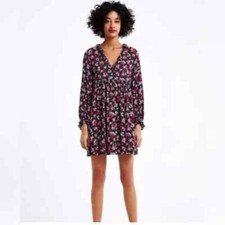 Zara Black Floral Print Long Sleeve Ruffle Trim Mini Dress