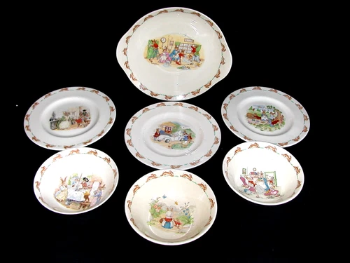 7 Pc Royal Doulton BUNNYKINS Cake Plate Soup Cereal Bowls Dessert Salad Plates