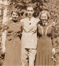 3L Photograph Handsome Man Portrait Group Suit Two Pretty Women Dresses 1930's 