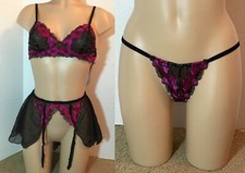 Vtg PANTY BRA GARTER SKIRT Stockings Set Lot Escante M Chiffon Embroidered Mesh