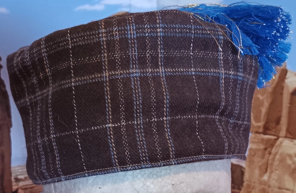 SMOKING CAP Reproduction 1800's Victorian Style Brown Wool Plaid  Size Medium - Image 3 of 4