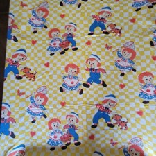 Raggedy Ann Andy Yellow Check Cotton Fabric Twin Bedspread Fringe Coverlet Vtg