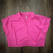YFB Cropped Boxy Shirt Top, Hot Pink Button Down, Short Sleeve Blouse Size Med