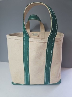 Vintage Sawtooth Tag LL Bean Tote Bag White Green Straps Stiff Canvas 