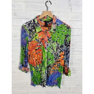 Ali Miles Button Up Tunic Shirt Womens XL Tropical Leaf Crinkle 3/4 Sleeve