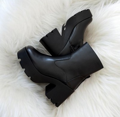 Damen Schwarz Grob Absatz Stiefeletten Plateau Reißverschluss Kunstleder Chelsea Schuhe