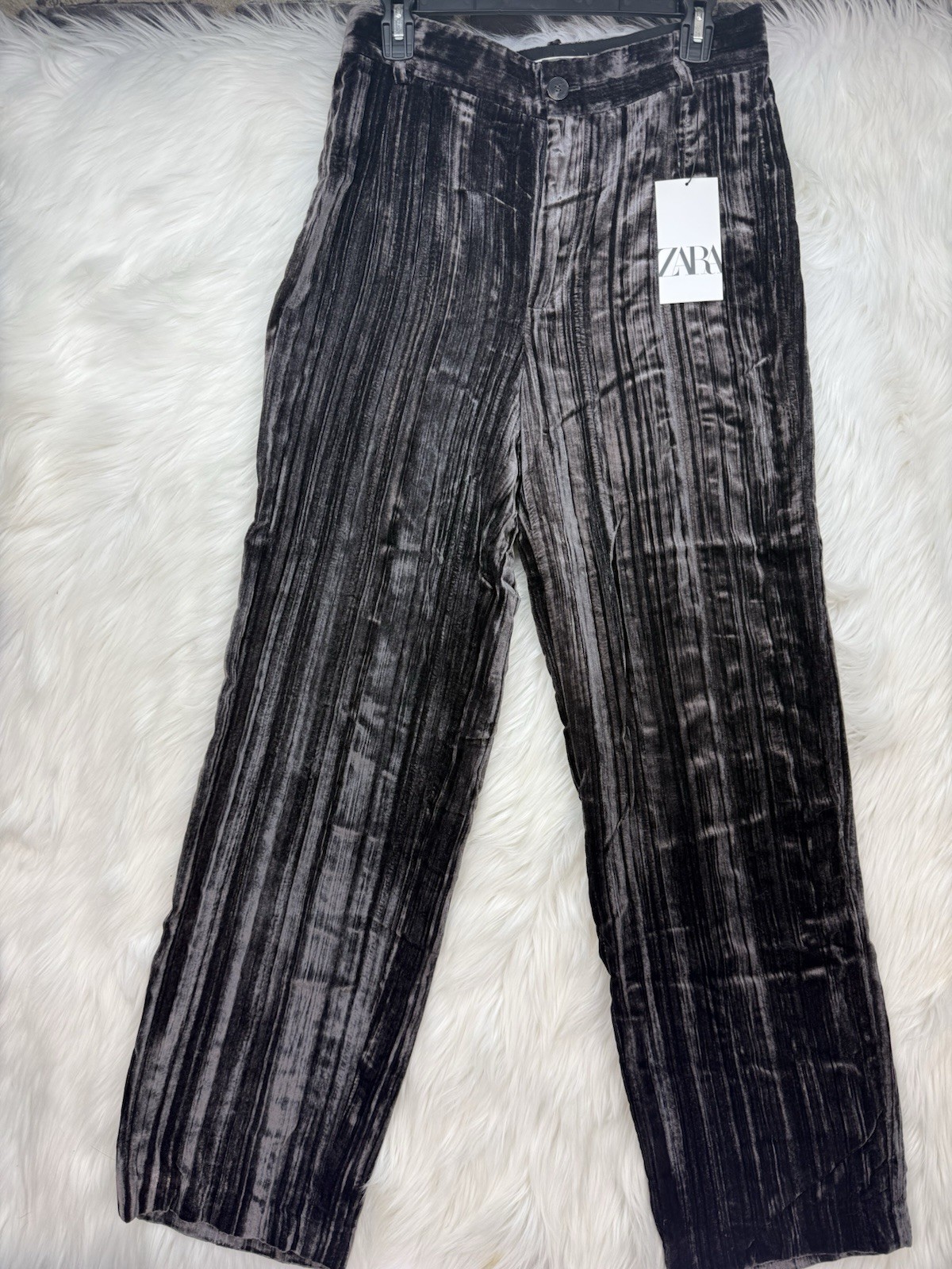 ZARA Velvet Pleated Pants Women Size M Gray Black Straight Leg High Rise NWT