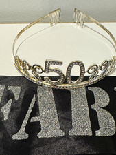 Silver Rhinestone "50" Birthday Tiara Crown with Black Sash, One Size