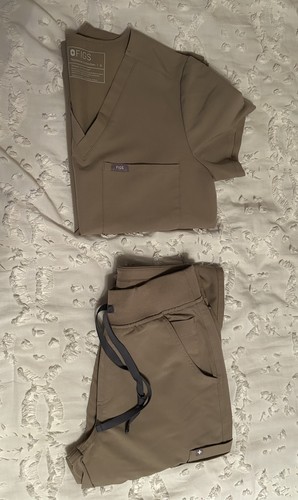 FIGS Women's Latte Scrub Set Small Catarina Top & XS Yola High Waisted Pants