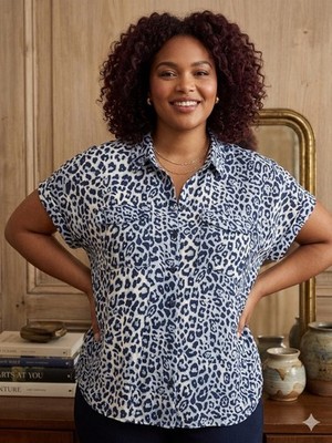 SIZE 1X Belle  By Kim Gravel NEW Blue Leopard Button Down Short Sleeve Blouse