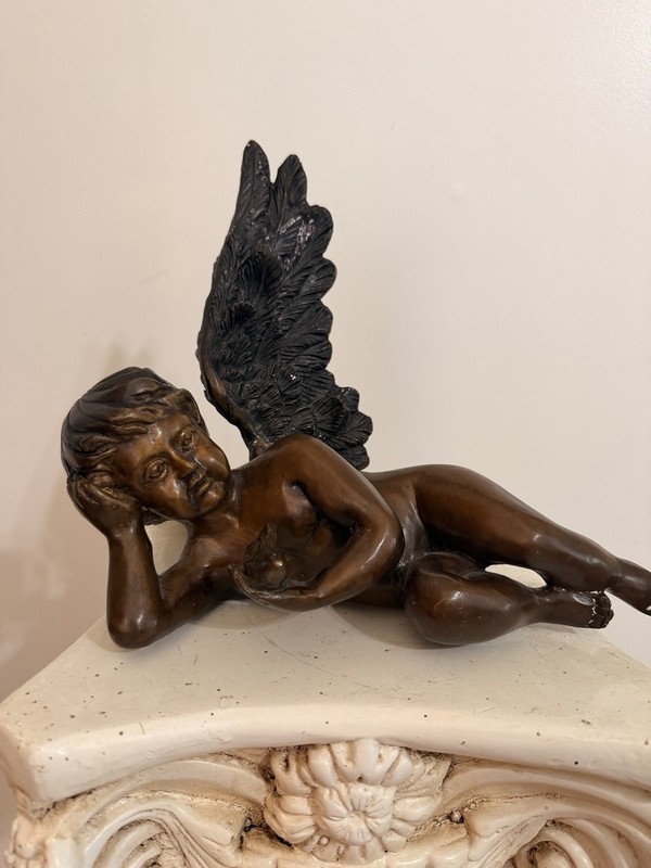 Vintage Reclining Cherub Angel Statue – Bronze Finish –Neoclassical Decor