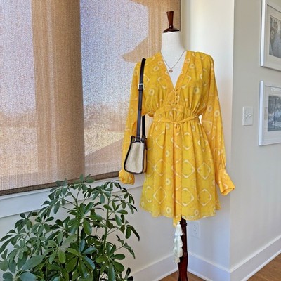Alexis Luss Dress XS Yellow Watercolor Floral Batik Tassel Boho Resort Mini